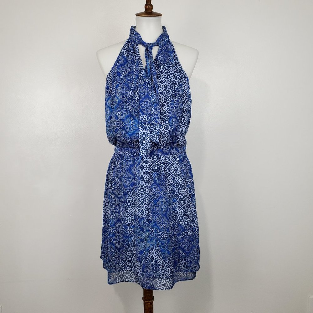 Banana Republic Factory Printed Tie Neck Sleeveless Halter Neck Blue Dress Sz 6